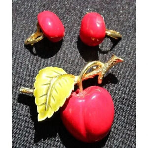 Vtg RED APPLE Teacher Costume Brooch Pin W/ Matching Clip On Earrings Jewelry